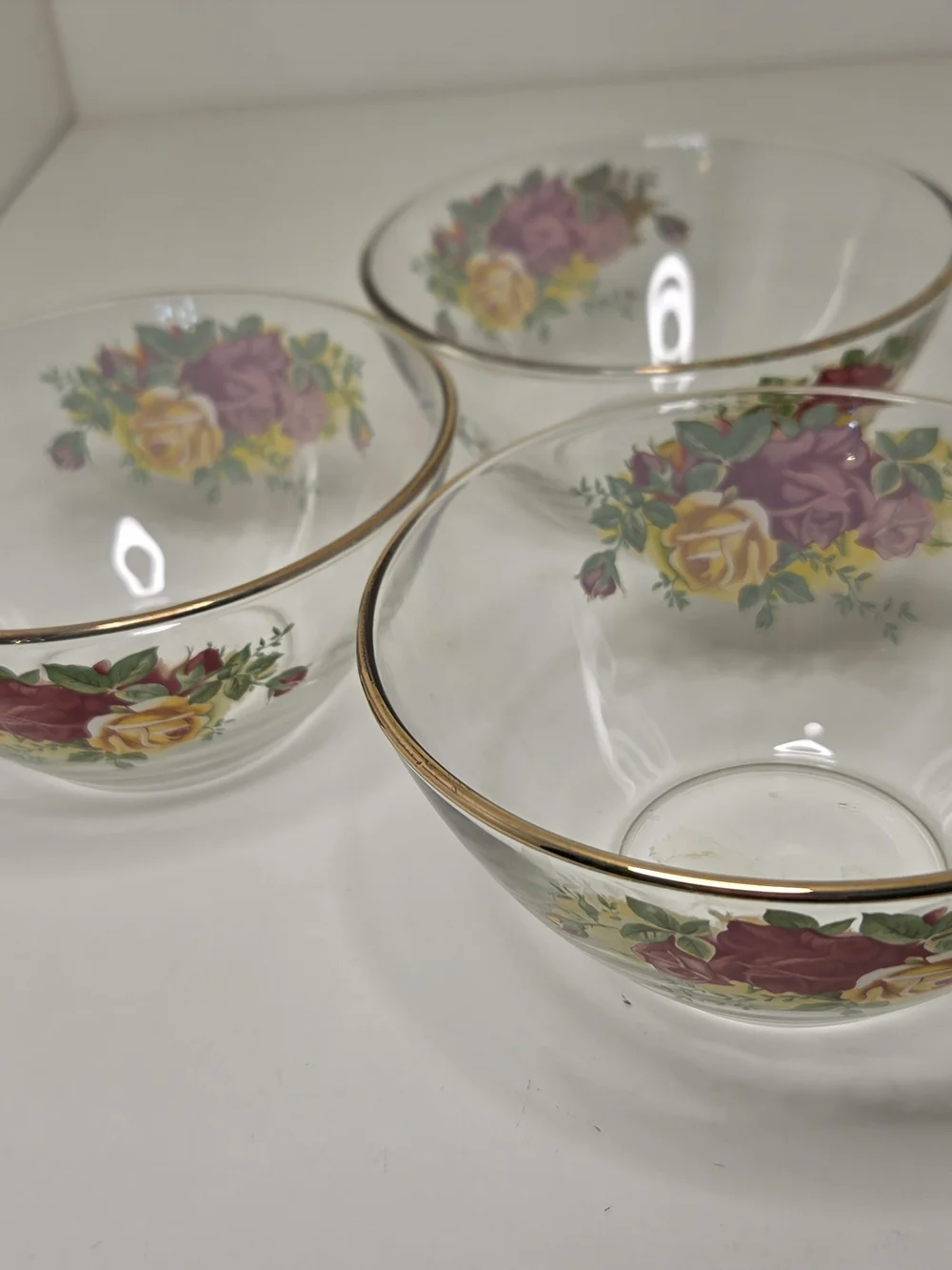 Arcoroc France Gold Rimmed Old Country Roses Clear Serving Bowls Set Of 3 Marked